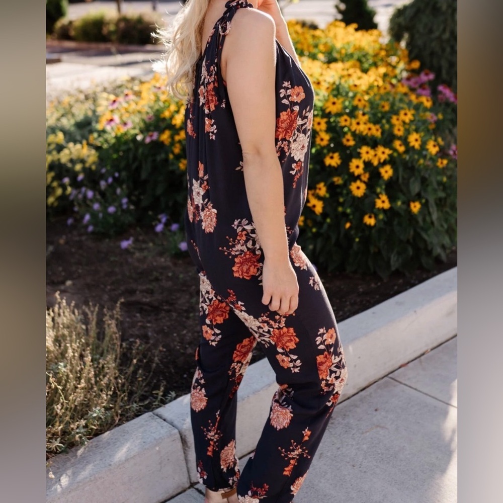 Ces Femme Black and Orange Floral Jumpsuit size M with adjustable shoulder ties